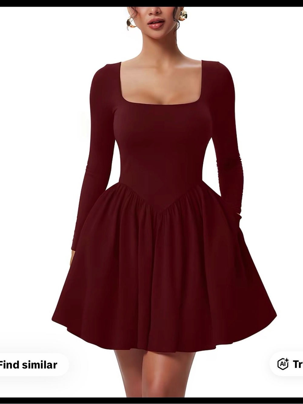 Square Neck Babydoll Dress in Deep Burgundy
